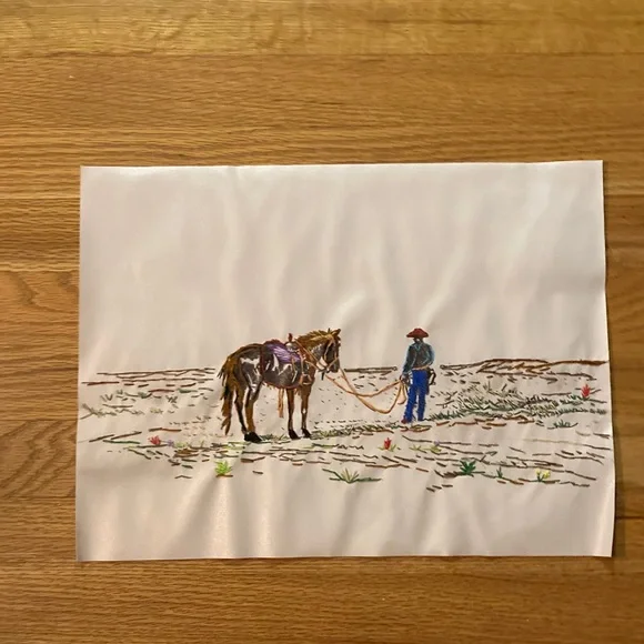 NEW hand embroidered cowboy & horse on canvas, 15.5 inches by 11.5 inches - Picture 3 of 5